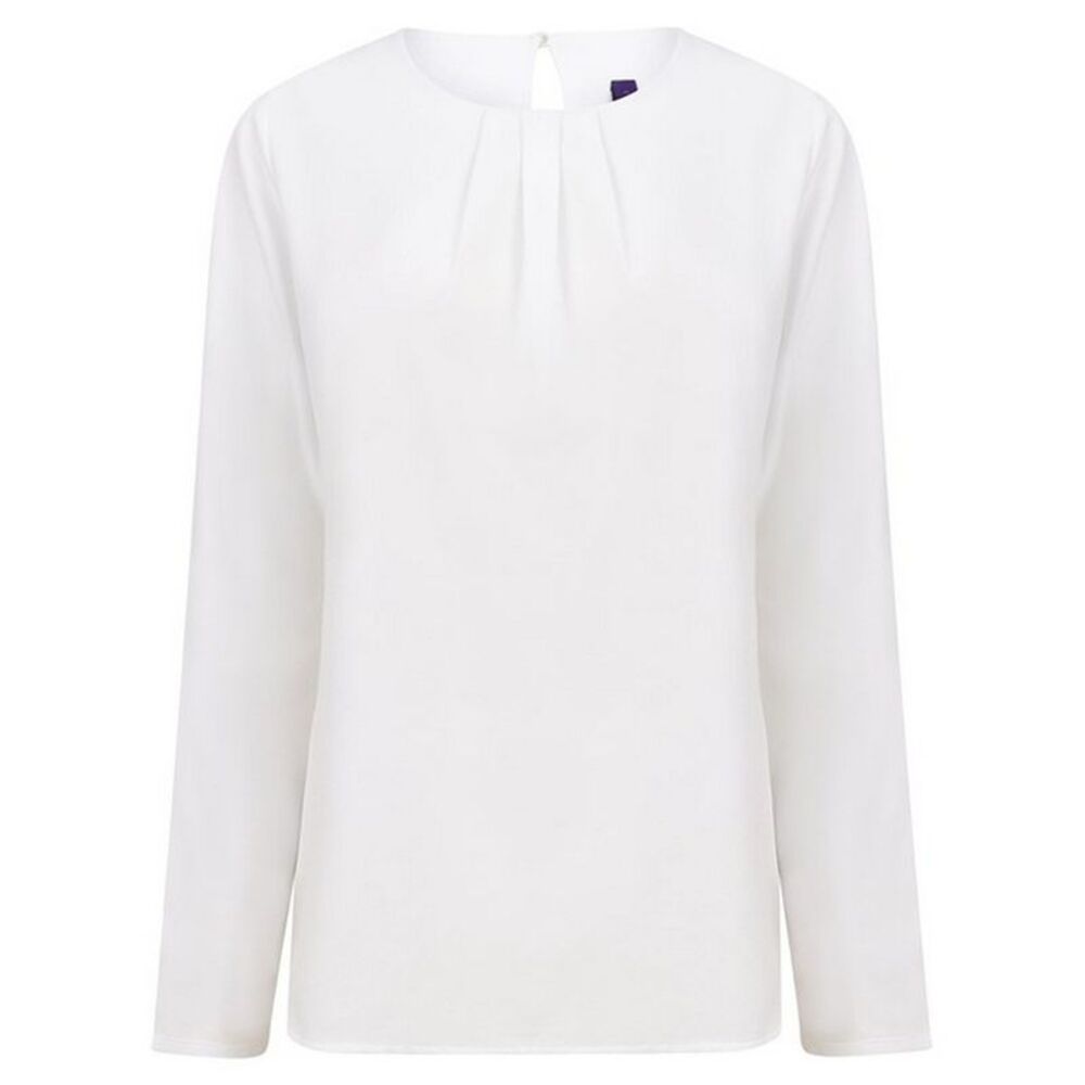 Henbury Womens/Ladies Yarn Pleat Front Long-Sleeved Blouse / White